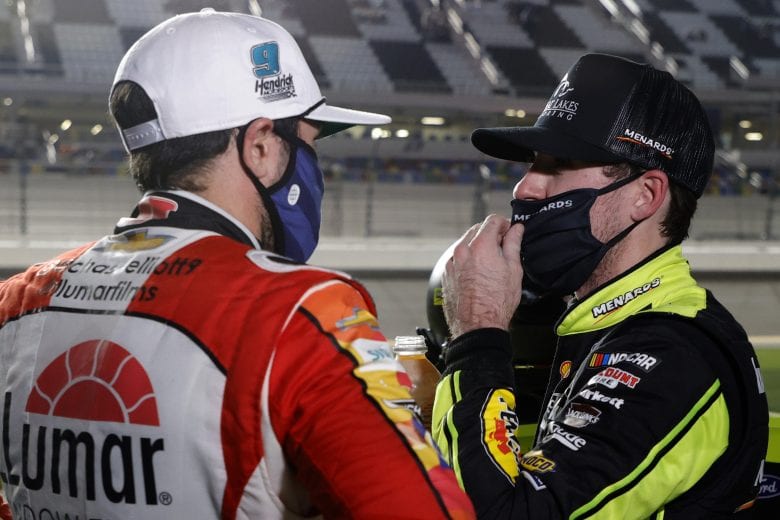 DAYTONA BEACH, FLORIDA - FEBRUARY 09: Chase Elliott, driver of the #9 Llumar Chevrolet, and Ryan Blaney, driver of the #12 Menards/Great Lakes Flooring Ford, talk after the NASCAR Cup Series Busch Clash at Daytona at Daytona International Speedway on February 09, 2021 in Daytona Beach, Florida. (Photo by Jared C. Tilton/Getty Images) | Getty Images