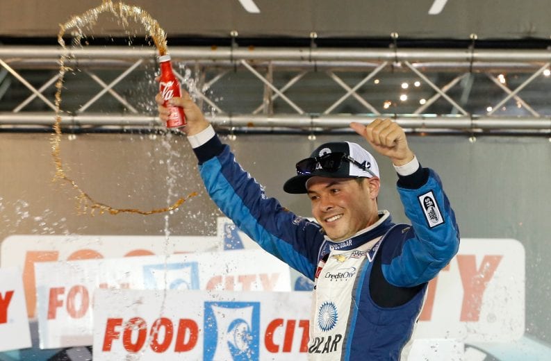 BRISTOL, TN - AUGUST 17: Kyle Larson, driver of the #42 DC Solar Chevrolet, celebrates in Victory Lane after winning the NASCAR Xfinity Series Food City 300 at Bristol Motor Speedway on August 17, 2018 in Bristol, Tennessee. (Photo by Brian Lawdermilk/Getty Images) | Getty Images