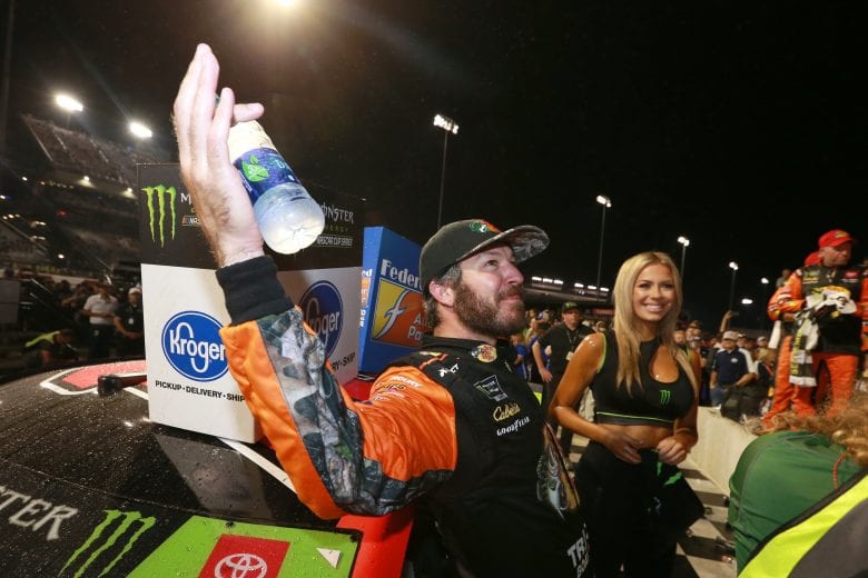RICHMOND, VIRGINIA - SEPTEMBER 21: Martin Truex Jr., driver of the #19 Bass Pro Shops Toyota, celebrates in Victory Lane after winning the Monster Energy NASCAR Cup Series Federated Auto Parts 400 at Richmond Raceway on September 21, 2019 in Richmond, Virginia. (Photo by Sean Gardner/Getty Images) | Getty Images