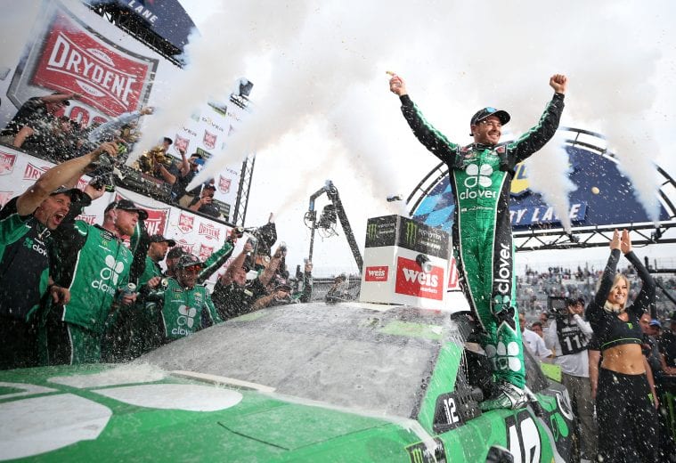DOVER, DELAWARE - OCTOBER 06: Kyle Larson, driver of the #42 Clover Chevrolet, celebrates in Victory Lane after winning the Monster Energy NASCAR Cup Series Drydene 400 at Dover International Speedway on October 06, 2019 in Dover, Delaware. (Photo by Matt Sullivan/Getty Images) | Getty Images