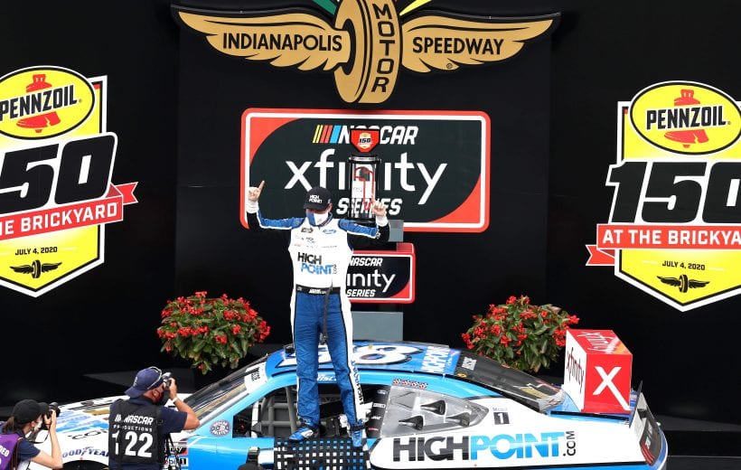 INDIANAPOLIS, INDIANA - JULY 04: Chase Briscoe, driver of the #98 Highpoint.com Ford, celebrates in Victory Lane after winning the the NASCAR Xfinity Series Pennzoil 150 at the Brickyard at Indianapolis Motor Speedway on July 04, 2020 in Indianapolis, Indiana. (Photo by Jamie Squire/Getty Images) | Getty Images
