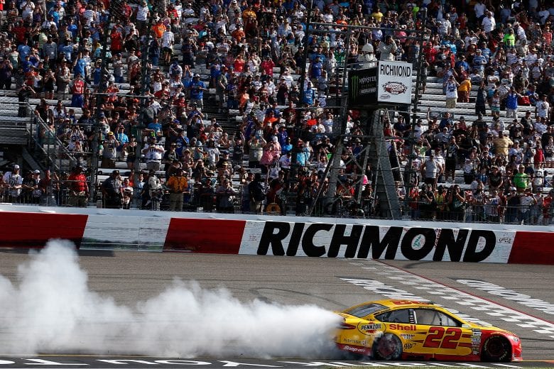 RICHMOND, VA - APRIL 30: Joey Logano, driver of the #22 Shell Pennzoil Ford, celebrates with a burnout after winning the Monster Energy NASCAR Cup Series Toyota Owners 400 at Richmond International Raceway on April 30, 2017 in Richmond, Virginia. (Photo by Matt Sullivan/Getty Images) | Getty Images