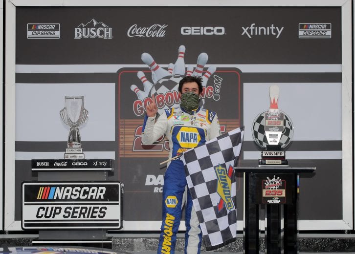 DAYTONA BEACH, FLORIDA - AUGUST 16: Chase Elliott, driver of the #9 NAPA Auto Parts Chevrolet, celebrates in Victory Lane after winning the NASCAR Cup Series Go Bowling 235 at Daytona International Speedway on August 16, 2020 in Daytona Beach, Florida. (Photo by Chris Graythen/Getty Images) | Getty Images