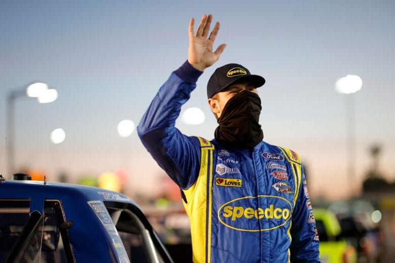 LAS VEGAS, NEVADA - MARCH 05: Dawson Cram, driver of the #41 Camping World Chevrolet, waves from the grid prior to the NASCAR Camping World Truck Series Bucked Up 200 at The Bullring at Las Vegas Motor Speedway on March 05, 2021 in Las Vegas, Nevada. (Photo by Chris Graythen/Getty Images) | Getty Images