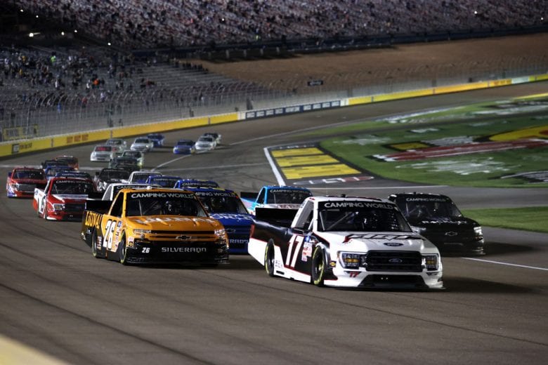 LAS VEGAS, NEVADA - MARCH 05: David Gilliland, driver of the #17 David Gilliland Racing Ford, leads the field during the NASCAR Camping World Truck Series Bucked Up 200 at The Bullring at Las Vegas Motor Speedway on March 05, 2021 in Las Vegas, Nevada. (Photo by Abbie Parr/Getty Images) | Getty Images