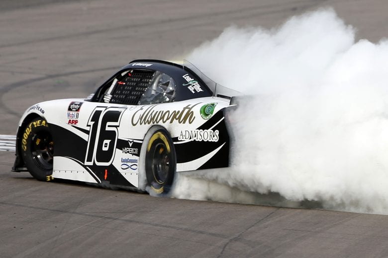 LAS VEGAS, NEVADA - MARCH 06: AJ Allmendinger, driver of the #16 Ellsworth Advisors Chevrolet, celebrates with a burnout after winning the NASCAR Xfinity Series Alsco Uniforms 300 at The Bullring at Las Vegas Motor Speedway on March 06, 2021 in Las Vegas, Nevada. (Photo by Brian Lawdermilk/Getty Images) | Getty Images
