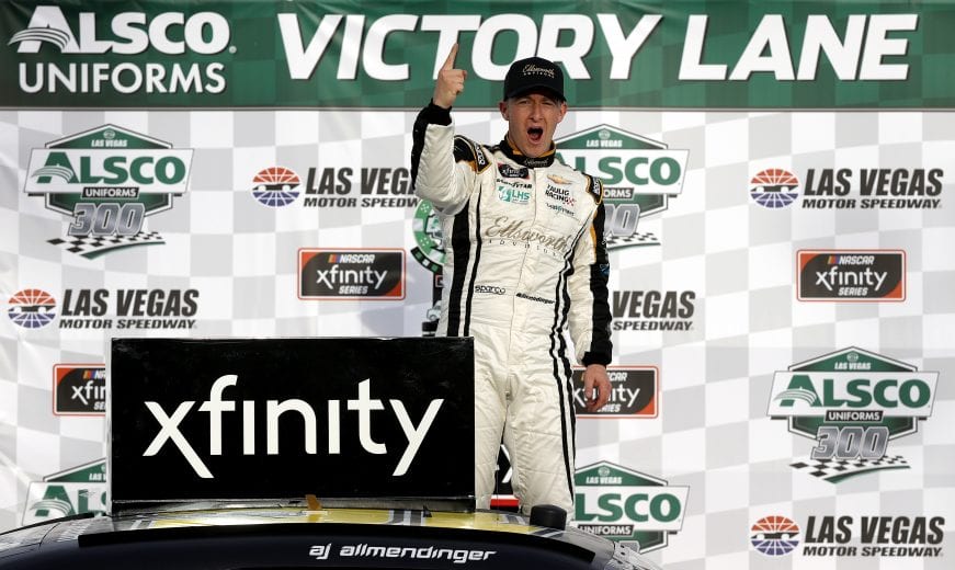 LAS VEGAS, NEVADA - MARCH 06: AJ Allmendinger, driver of the #16 Ellsworth Advisors Chevrolet, celebrates in victory lane after winning the NASCAR Xfinity Series Alsco Uniforms 300 at The Bullring at Las Vegas Motor Speedway on March 06, 2021 in Las Vegas, Nevada. (Photo by Chris Graythen/Getty Images) | Getty Images