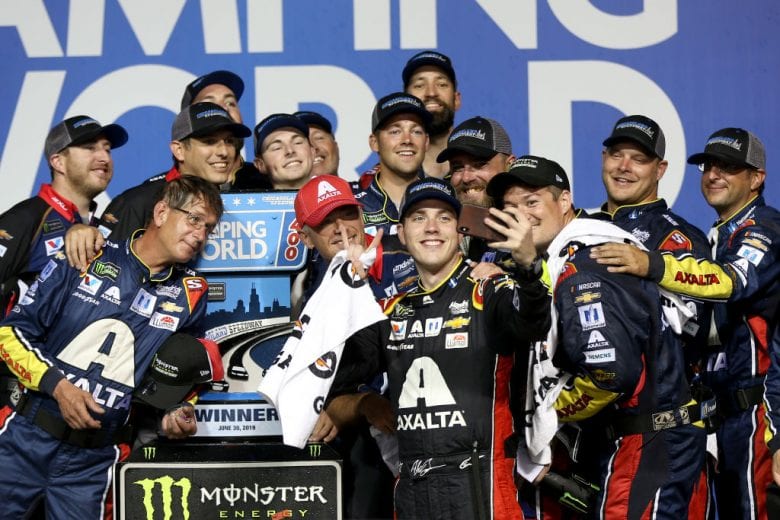JOLIET, ILLINOIS - JUNE 30: Alex Bowman, driver of the #88 Axalta Chevrolet, takes a 