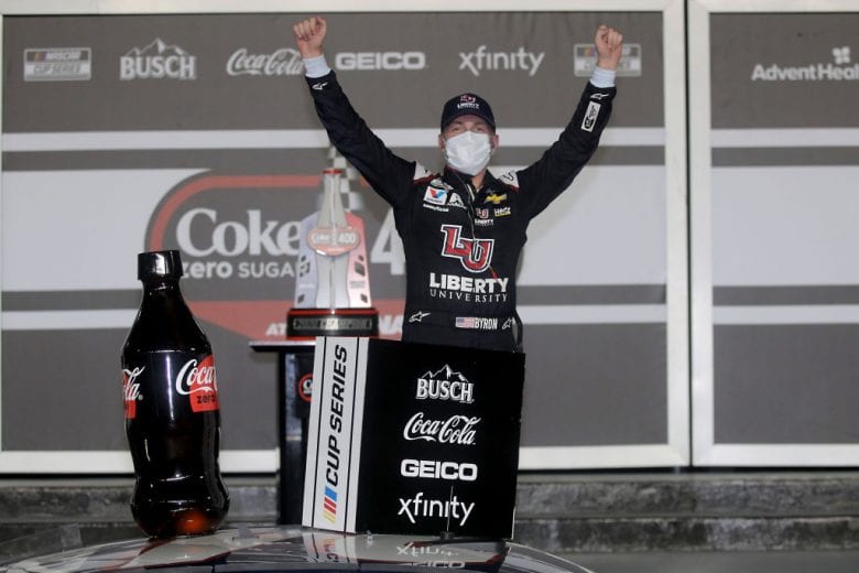 DAYTONA BEACH, FLORIDA - AUGUST 29: William Byron, driver of the #24 Liberty University Chevrolet, celebrates in Victory Lane after winning the NASCAR Cup Series Coke Zero Sugar 400 at Daytona International Speedway on August 29, 2020 in Daytona Beach, Florida. (Photo by Chris Graythen/Getty Images) | Getty Images