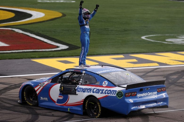 LAS VEGAS, NEVADA - MARCH 07: Kyle Larson, driver of the #5 HendrickCars.com Chevrolet, celebrates after winning the NASCAR Cup Series Pennzoil 400 presented by Jiffy Lube at the Las Vegas Motor Speedway on March 07, 2021 in Las Vegas, Nevada. (Photo by Abbie Parr/Getty Images) | Getty Images