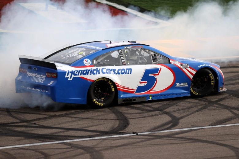 LAS VEGAS, NEVADA - MARCH 07: Kyle Larson, driver of the #5 HendrickCars.com Chevrolet, celebrates with a burnout after winning the NASCAR Cup Series Pennzoil 400 presented by Jiffy Lube at the Las Vegas Motor Speedway on March 07, 2021 in Las Vegas, Nevada. (Photo by Abbie Parr/Getty Images) | Getty Images