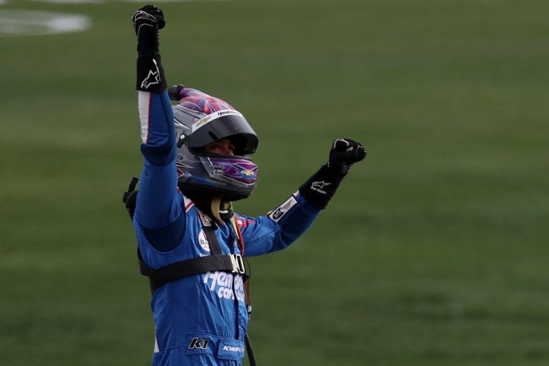 LAS VEGAS, NEVADA - MARCH 07: Kyle Larson, driver of the #5 HendrickCars.com Chevrolet, celebrates after winning the NASCAR Cup Series Pennzoil 400 presented by Jiffy Lube at the Las Vegas Motor Speedway on March 07, 2021 in Las Vegas, Nevada. (Photo by Abbie Parr/Getty Images) | Getty Images