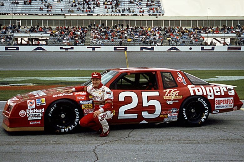 DAYTONA BEACH, FL — February 1988:  Ken Schrader made his debut with Rick Hendrick Racing by placing the Folgers Chevrolet on the pole for the Daytona 500 NASCAR Cup race at Daytona International Speedway.  Schrader went on to finish sixth in the 500.  (Photo by ISC Images & Archives via Getty Images)