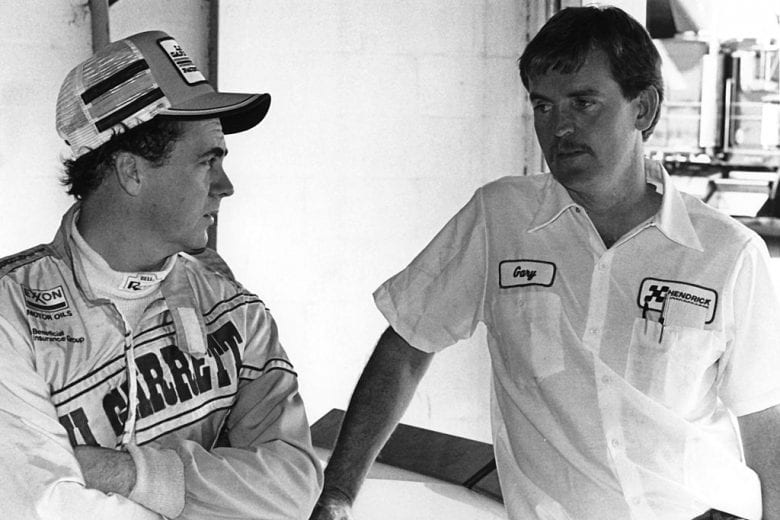 UNKNOWN — Late-1980s:  Gary Nelson (R) was crew chief for driver Geoff Bodine (L) on the NASCAR Cup circuit from 1985 through 1987 when both were part of Rick Hendrick Motorsports.  The duo scored just two wins while they were paired together, but one of them was the 1986 Daytona 500 at Daytona (FL) International Speedway.  (Photo by ISC Images & Archives via Getty Images)
