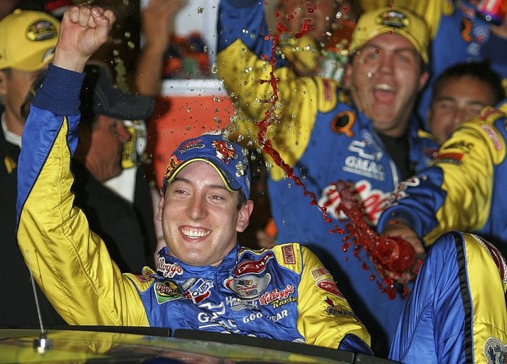 FONTANA, CA - SEPTEMBER 4:  Kyle Busch, driver of the #5 Hendrick Motorsports Kellogg's Chevrolet, celebrates after winning the NASCAR Nextel Cup Series Sony HD 500 on September 4 , 2005 at the California Speedway in Fontana, California.  (Photo By Darrell Ingham/Getty Images) | Getty Images