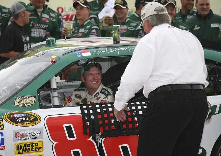 BROOKLYN, MI - JUNE 15:  Dale Earnhardt Jr., driver of the #88 NationalGuard/AMP Energy Chevrolet, is congratulated in victory lane by Team Owner Rick Hendrick after winning the NASCAR Sprint Cup Series Lifelock 400 at the Michigan International Speedway on June 15, 2008 in Brooklyn, Michigan.  (Photo by Jerry Markland/Getty Images for NASCAR) | Getty Images