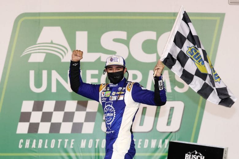 CONCORD, NORTH CAROLINA - MAY 28: Chase Elliott, driver of the #9 Kelley Blue Book Chevrolet, celebrates in Victory Lane after winning the NASCAR Cup Series Alsco Uniforms 500 at Charlotte Motor Speedway on May 28, 2020 in Concord, North Carolina. (Photo by Chris Graythen/Getty Images) | Getty Images