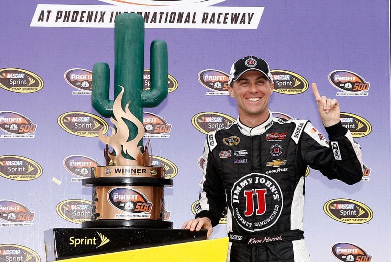 AVONDALE, AZ - MARCH 02:  Kevin Harvick, driver of the #4 Jimmy John's Chevrolet, celebrates in victory lane after winning the NASCAR Sprint Cup Series The Profit On CNBC 500 at Phoenix International Raceway on March 2, 2014 in Avondale, Arizona.  (Photo by Jeff Zelevansky/NASCAR via Getty Images)