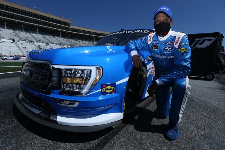 HAMPTON, GEORGIA - MARCH 20: Bill Lester, driver of the #17 Camping World Ford, poses for photos prior to  the NASCAR Camping World Truck Series Fr8Auctions 200 at Atlanta Motor Speedway on March 20, 2021 in Hampton, Georgia. (Photo by Sean Gardner/Getty Images) | Getty Images