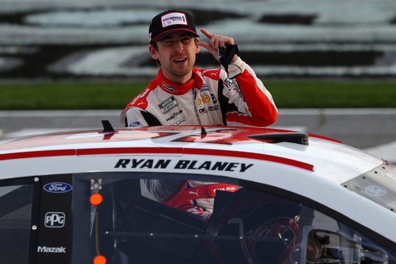HAMPTON, GEORGIA - MARCH 21: Ryan Blaney, driver of the #12 BodyArmor Ford, reacts after winning the the NASCAR Cup Series Folds of Honor QuikTrip 500 at Atlanta Motor Speedway on March 21, 2021 in Hampton, Georgia. (Photo by Kevin C. Cox/Getty Images) | Getty Images