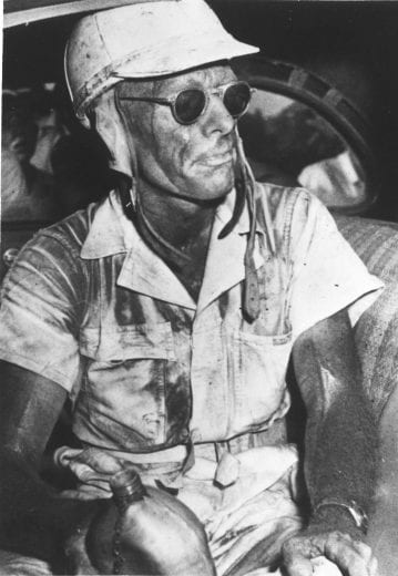 MARTINSVILLE, VA - SEPTEMBER 1947: NASCAR pioneer Red Byron is covered in dirt after winning the first race held at Martinsville Speedway, a modified-sportsman event. (Photo by ISC Images & Archives via Getty Images)