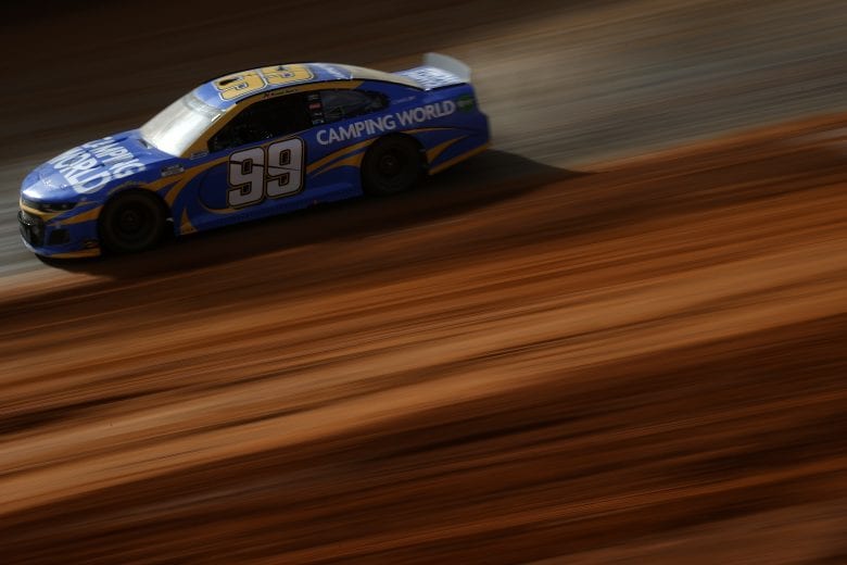 BRISTOL, TENNESSEE - MARCH 26: Daniel Suarez, driver of the #99 Camping World Chevrolet, drives during practice for the NASCAR Cup Series Food City Dirt Race at Bristol Motor Speedway on March 26, 2021 in Bristol, Tennessee. (Photo by Chris Graythen/Getty Images) | Getty Images