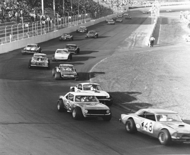 MARTINSVILLE, VA — November 11, 1970:  Bobby Fryar (No. 48) leads Wayne Johnson (No. 52) and the rest of the field during the NASCAR Modified portion of the Cardinal 500 Classic at Martinsville Speedway.  (Photo by ISC Images & Archives via Getty Images)