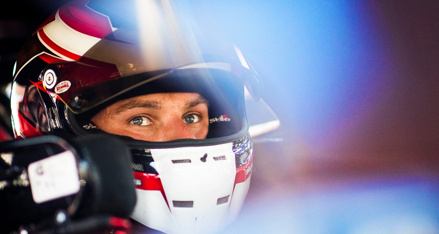 Craig Lutz, driver of the #46 Riverhead Bld Chevrolet, before the White Mountain Showdown 200 for the NASCAR Whelen Modified Tour at White Mountain Motorsports Park in North Woodstock, New Hampshire on Saturday, August 1, 2020. (Adam Glanzman/NASCAR)