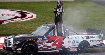 RICHMOND, VIRGINIA - APRIL 17: John Hunter Nemechek, driver of the #4 Safeway Toyota, celebrates after winning the NASCAR Camping World Truck Series ToyotaCare 250 at Richmond Raceway on April 17, 2021 in Richmond, Virginia. (Photo by Brian Lawdermilk/Getty Images) | Getty Images
