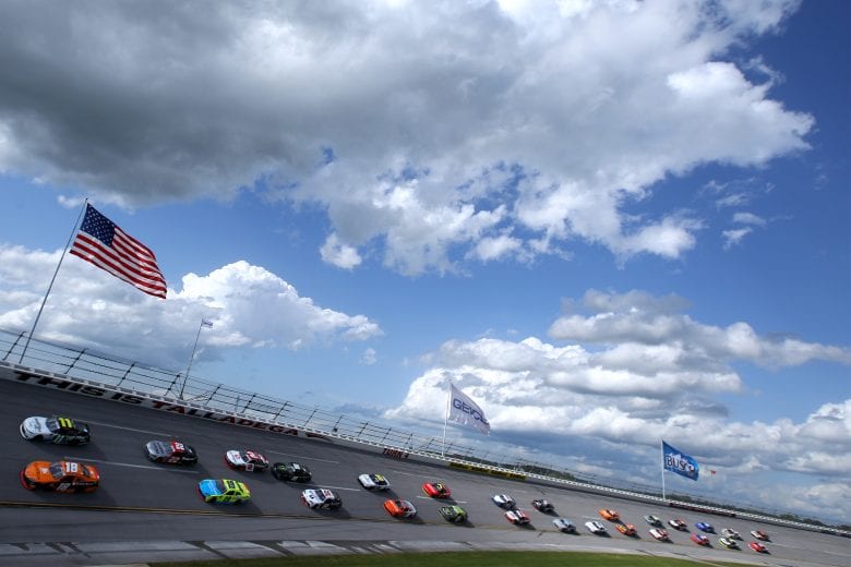 TALLADEGA, ALABAMA - APRIL 24: Daniel Hemric, driver of the #18 Poppy Bank Toyota, and Justin Haley, driver of the #11 LeafFilter Gutter Protection Chevrolet, lead the field during the NASCAR Xfinity Series Ag-Pro 300 at Talladega Superspeedway on April 24, 2021 in Talladega, Alabama. (Photo by Sean Gardner/Getty Images) | Getty Images