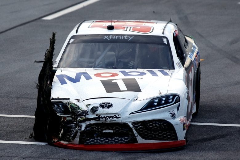 TALLADEGA, ALABAMA - APRIL 24: Ty Dillon, driver of the #54 Mobil 1 Toyota, drives a damaged car off the track during the NASCAR Xfinity Series Ag-Pro 300 at Talladega Superspeedway on April 24, 2021 in Talladega, Alabama. (Photo by Sean Gardner/Getty Images) | Getty Images