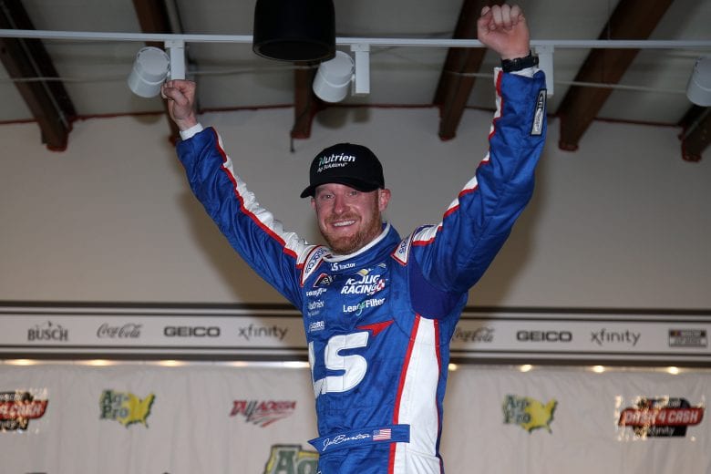 TALLADEGA, ALABAMA - APRIL 24: Jeb Burton, driver of the #10 LS Tractors Chevrolet, celebrates in victory lane after winning the NASCAR Xfinity Series Ag-Pro 300 at Talladega Superspeedway on April 24, 2021 in Talladega, Alabama. (Photo by Sean Gardner/Getty Images) | Getty Images