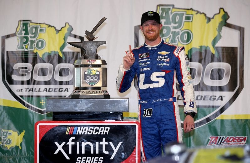 TALLADEGA, ALABAMA - APRIL 24: Jeb Burton, driver of the #10 LS Tractors Chevrolet, celebrates in victory lane after winning the NASCAR Xfinity Series Ag-Pro 300 at Talladega Superspeedway on April 24, 2021 in Talladega, Alabama. (Photo by Sean Gardner/Getty Images) | Getty Images