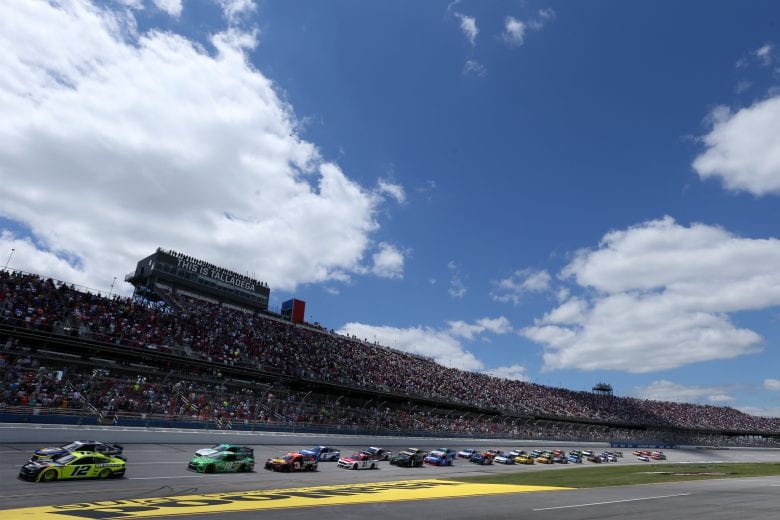 TALLADEGA, ALABAMA - APRIL 25: Ryan Blaney, driver of the #12 Menards/Sylvania Ford, leads the field during the NASCAR Cup Series GEICO 500 at Talladega Superspeedway on April 25, 2021 in Talladega, Alabama. (Photo by Sean Gardner/Getty Images) | Getty Images