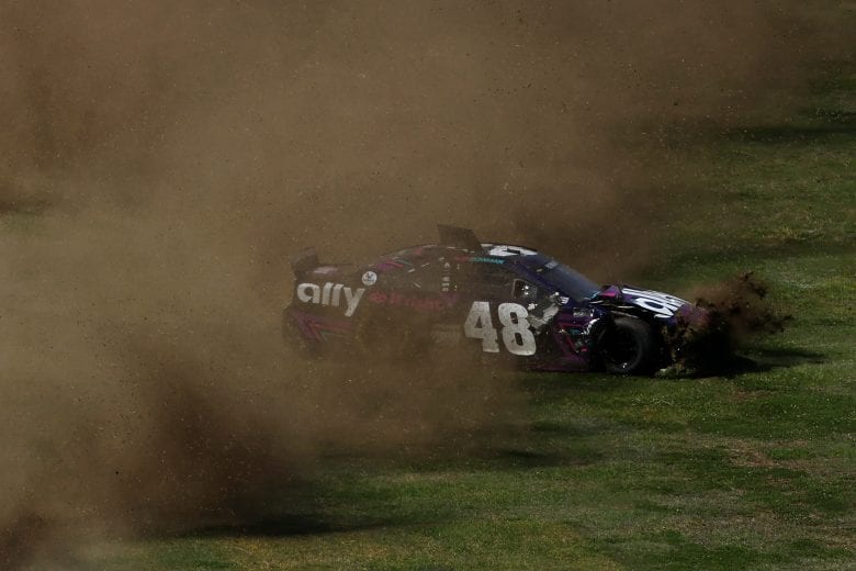 TALLADEGA, ALABAMA - APRIL 25: Alex Bowman, driver of the #48 Ally Chevrolet, spins into the infield grass during the NASCAR Cup Series GEICO 500 at Talladega Superspeedway on April 25, 2021 in Talladega, Alabama. (Photo by James Gilbert/Getty Images) | Getty Images