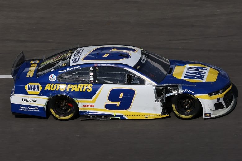 TALLADEGA, ALABAMA - APRIL 25: Chase Elliott, driver of the #9 NAPA Auto Parts Chevrolet, drives a damaged car during the NASCAR Cup Series GEICO 500 at Talladega Superspeedway on April 25, 2021 in Talladega, Alabama. (Photo by James Gilbert/Getty Images) | Getty Images