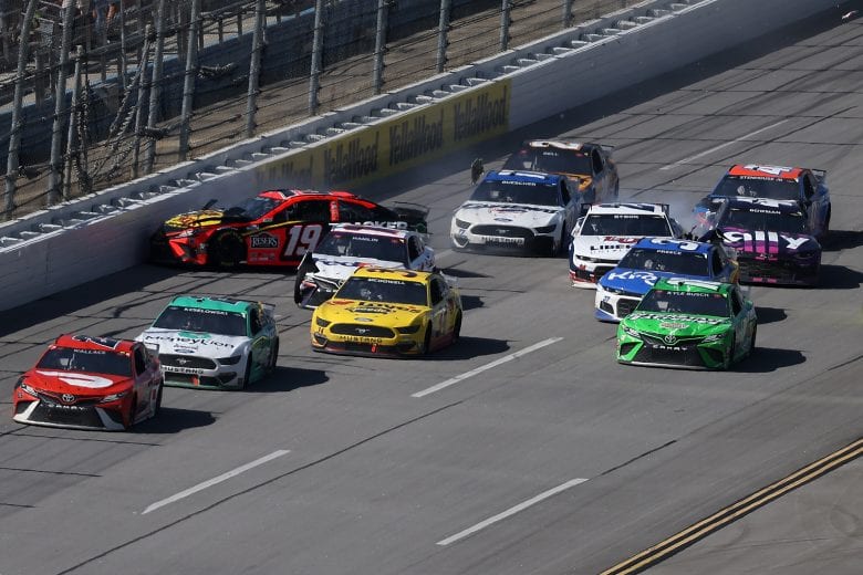 TALLADEGA, ALABAMA - APRIL 25: Martin Truex Jr., driver of the #19 Bass Pro Toyota, spins into the wall after an on-track incident during the NASCAR Cup Series GEICO 500 at Talladega Superspeedway on April 25, 2021 in Talladega, Alabama. (Photo by James Gilbert/Getty Images) | Getty Images