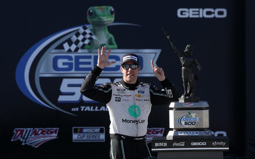 TALLADEGA, ALABAMA - APRIL 25: Brad Keselowski, driver of the #2 MoneyLion Ford, celebrates in victory lane after winning the NASCAR Cup Series  GEICO 500 at Talladega Superspeedway on April 25, 2021 in Talladega, Alabama. (Photo by Sean Gardner/Getty Images) | Getty Images