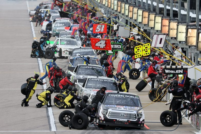 KANSAS CITY, KANSAS - MAY 01: John Hunter Nemechek, driver of the #4 Mobil 1 Toyota, pits during the NASCAR Camping World Truck Series Wise Power 200 at Kansas Speedway on May 01, 2021 in Kansas City, Kansas. (Photo by James Gilbert/Getty Images) | Getty Images
