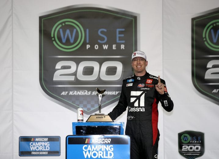 KANSAS CITY, KANSAS - MAY 01: Kyle Busch, driver of the #51 Cessna Toyota, celebrates in victory lane after winning the NASCAR Camping World Truck Series Wise Power 200 at Kansas Speedway on May 01, 2021 in Kansas City, Kansas. (Photo by Sean Gardner/Getty Images) | Getty Images