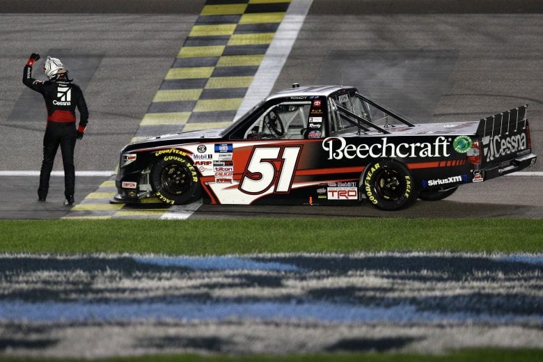 KANSAS CITY, KANSAS - MAY 01: Kyle Busch, driver of the #51 Cessna Toyota, celebrates after winning the NASCAR Camping World Truck Series Wise Power 200 at Kansas Speedway on May 01, 2021 in Kansas City, Kansas. (Photo by Sean Gardner/Getty Images) | Getty Images