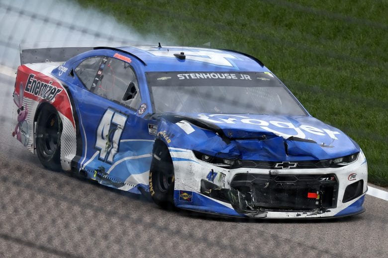 KANSAS CITY, KANSAS - MAY 02: Ricky Stenhouse Jr., driver of the #47 Kroger/Energizer Chevrolet, drives a damaged car off the track after an on-track incident during the NASCAR Cup Series Buschy McBusch Race 400 at Kansas Speedway on May 02, 2021 in Kansas City, Kansas. (Photo by James Gilbert/Getty Images) | Getty Images
