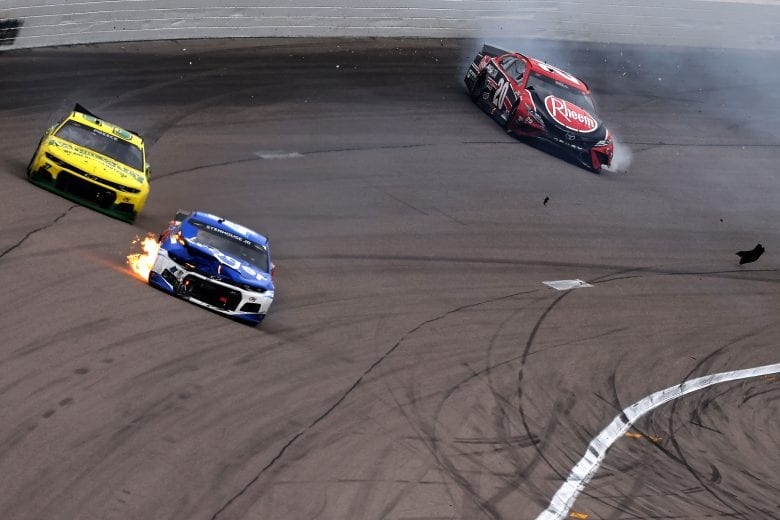 KANSAS CITY, KANSAS - MAY 02: Christopher Bell, driver of the #20 Rheem Toyota, spins after an on-track incident with Ricky Stenhouse Jr., driver of the #47 Kroger/Energizer Chevrolet, during the NASCAR Cup Series Buschy McBusch Race 400 at Kansas Speedway on May 02, 2021 in Kansas City, Kansas. (Photo by James Gilbert/Getty Images) | Getty Images