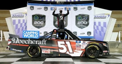 KANSAS CITY, KANSAS - MAY 01: Kyle Busch, driver of the #51 Cessna Toyota, celebrates in victory lane after winning the NASCAR Camping World Truck Series  Wise Power 200 at Kansas Speedway on May 01, 2021 in Kansas City, Kansas. (Photo by Sean Gardner/Getty Images) | Getty Images