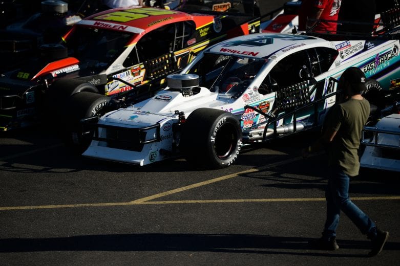Cars lined up prior to qualifying during the Miller Lite 200 for the NASCAR Whelen Modified Tour at Riverhead Raceway in Riverhead, New York on May 15, 2021. (Kathryn Riley/NASCAR)