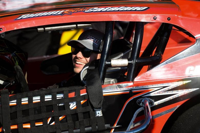 Tommy Catalano, driver of #54 NY FX Capera Chevrolet smiles during the Miller Lite 200 for the NASCAR Whelen Modified Tour at Riverhead Raceway in Riverhead, New York on May 15, 2021. (Kathryn Riley/NASCAR)