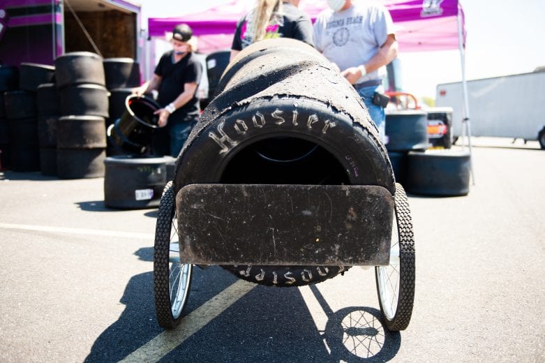 Hoosier tires are carted around during the Miller Lite 200 for the NASCAR Whelen Modified Tour at Riverhead Raceway in Riverhead, New York on May 15, 2021. (Kathryn Riley/NASCAR)