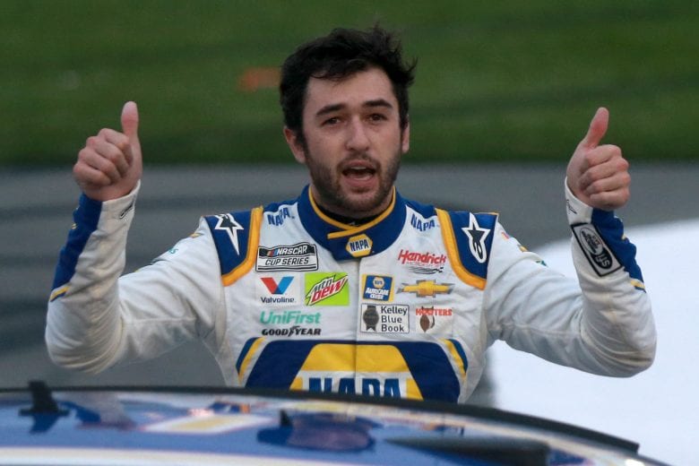 CONCORD, NORTH CAROLINA - OCTOBER 11: Chase Elliott, driver of the #9 NAPA Auto Parts Chevrolet, celebrates after winning the NASCAR Cup Series Bank of America ROVAL 400 at Charlotte Motor Speedway on October 11, 2020 in Concord, North Carolina. (Photo by Sean Gardner/Getty Images) | Getty Images