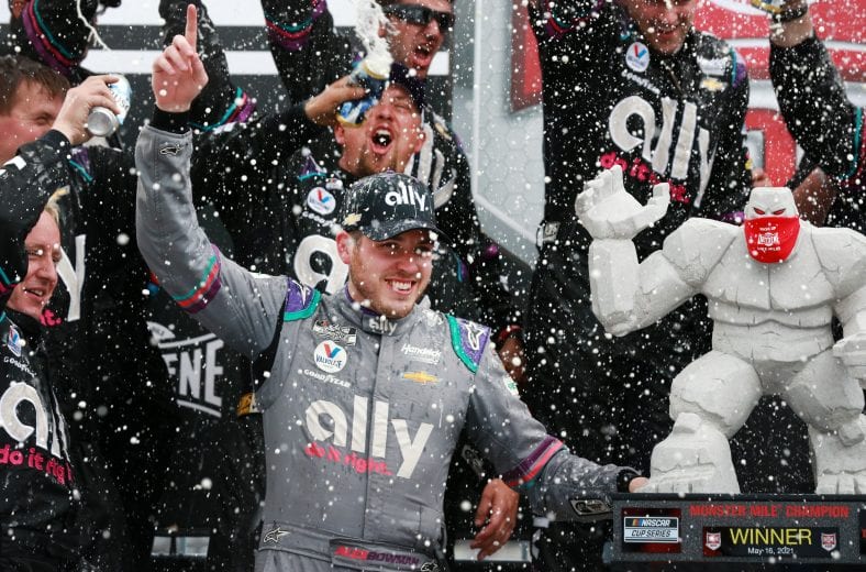 DOVER, DELAWARE - MAY 16: Alex Bowman, driver of the #48 Ally Chevrolet, celebrates his win during the NASCAR Cup Series Drydene 400 at Dover International Speedway on May 16, 2021 in Dover, Delaware. (Photo by Sean Gardner/Getty Images) | Getty Images