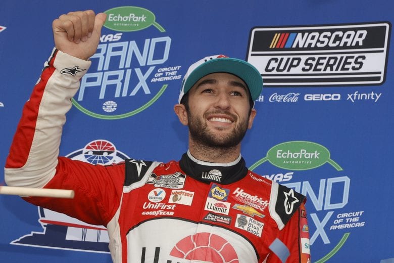 AUSTIN, TEXAS - MAY 23: Chase Elliott, driver of the #9 Llumar Chevrolet, celebrates in victory lane after winning the NASCAR Cup Series EchoPark Texas Grand Prix at Circuit of The Americas on May 23, 2021 in Austin, Texas. (Photo by Chris Graythen/Getty Images) | Getty Images